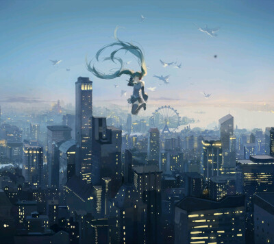 初音未来 虚拟歌姬 p站 动漫 二次元 夜晚 高楼 唯美 意境 插画 图片