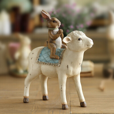 鸟与花家美式乡村工艺品家居装饰品儿童房摆件婚房摆设兔子骑羊