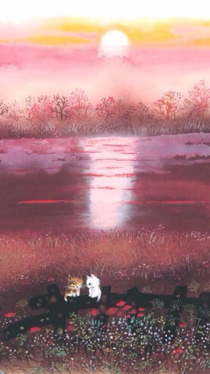 插画 水彩 小猫咪 夕阳 唯美 壁纸 背景