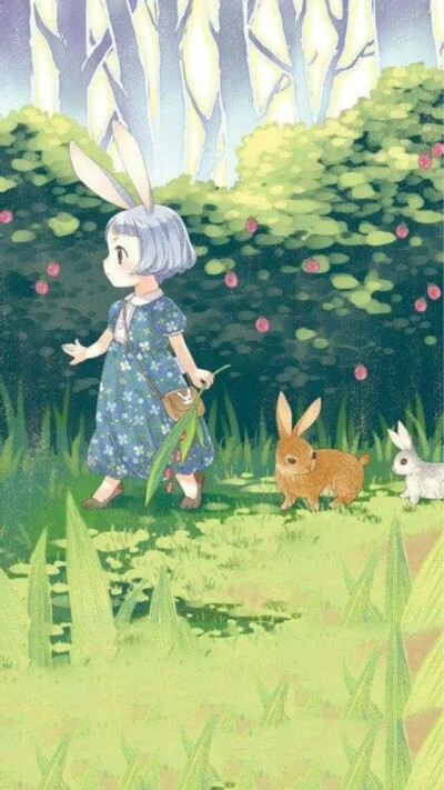 卡通插画 女孩与兔子 可爱 文艺 唯美 手机壁纸 聊天背景