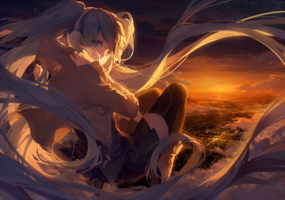 初音 v家 黄昏 天空 背景 人物 美图 厚涂 画风 原创 同人 意境 唯美