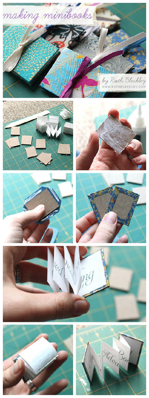 「自制mini折叠书」只需要硬卡纸,白纸,花布,缎带,白胶就可以做出一本