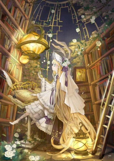 cの[书啊,书]图书馆插画 背景 壁纸 色彩 光影 萌萌哒 二次元 小清新
