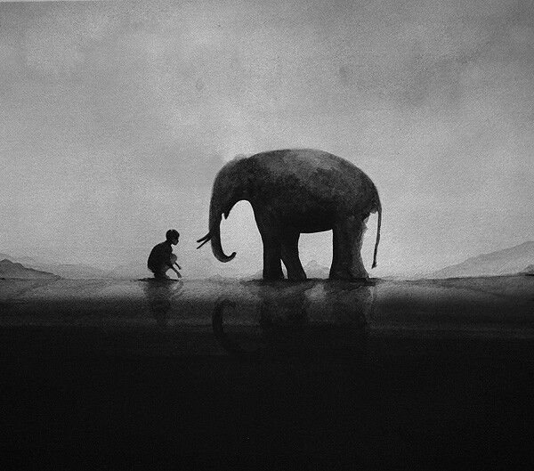 elicia edijanto深沉静谧的人与动物,人与大象插画