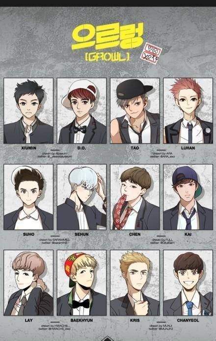 exo 《咆哮》12人 漫画手绘 金珉锡 [xiumin] 鹿晗 [luhan] 吴亦凡