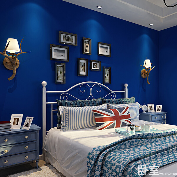 普纳地中海风格墙纸 深蓝色纯素色无纺布壁纸卧室客厅电视背景墙