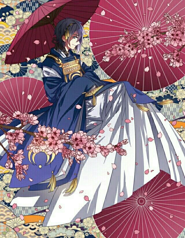 二次元 美少年 刀剑乱舞 三日月宗近 暖色调 樱花 落樱纱 古风 古装