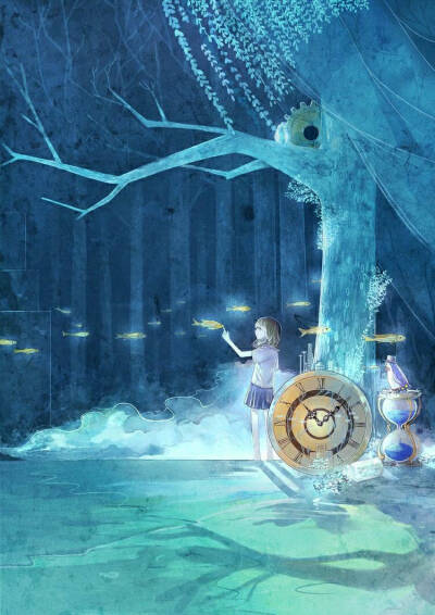 美少女 场景区 暖色调 蓝色系 鱼群 梦幻 意境 空灵 p站 插画 唯美