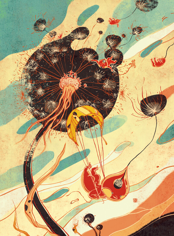 其作品色彩与线条的应用极具个人风格,画面内容非常虚幻,就像是梦中的