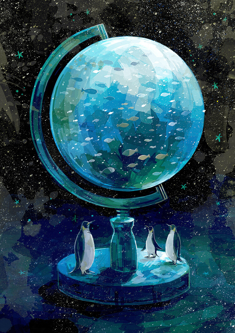 背景 风景 唯美 插画 美图 意境 动物 企鹅 鱼蓝 星球 水星 地球仪