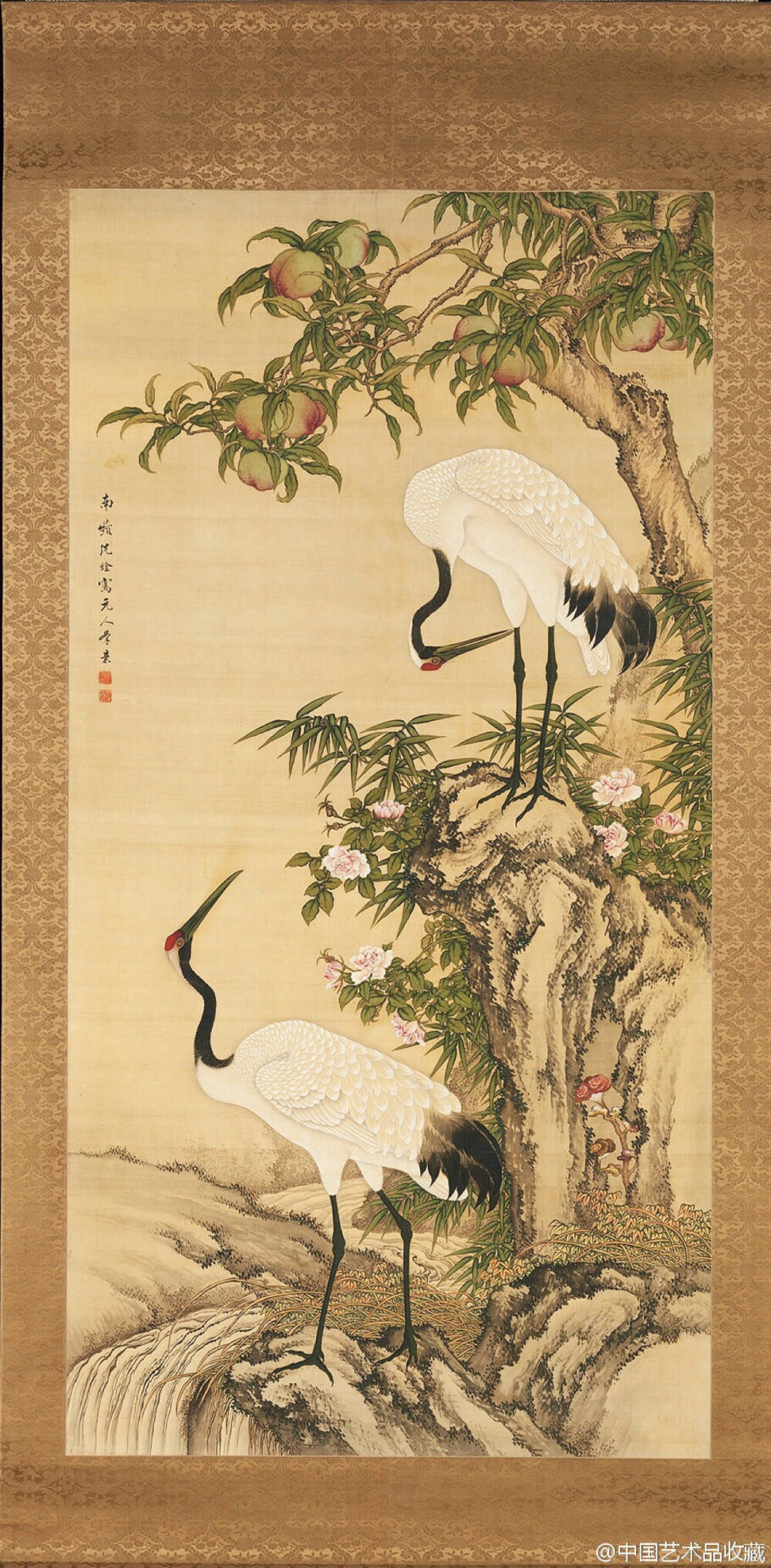 工笔画#【 清 沈铨 《鹤寿富贵图》 】轴,绢本设色,198.