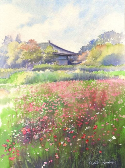 分享来自日本插画师kanta harusaki的日系田园风风光水彩画