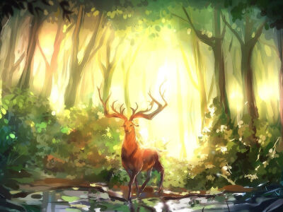 鹿,手绘,水彩,插画,唯美,壁纸,意境,森林