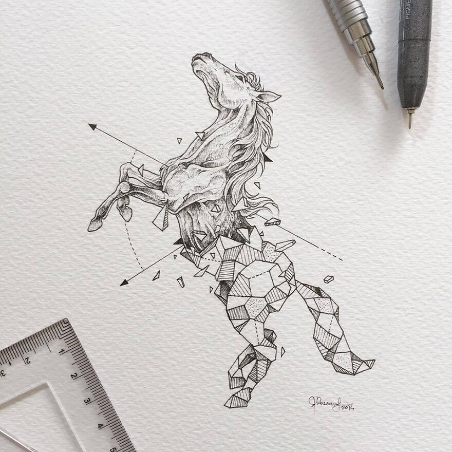 tattoo一半几何一半动物手绘图马手绘纹身素材