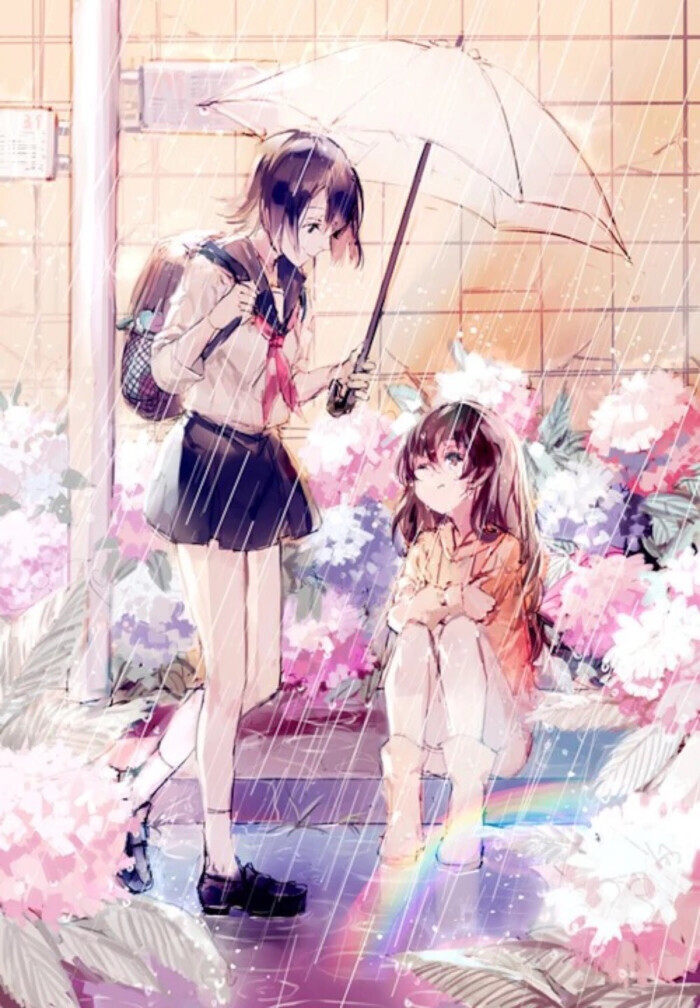 短发 水手服 少女 小清新 温馨 治愈 雨花 雨伞 萌 二次元 高清 壁纸