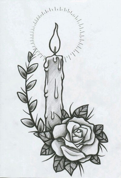 欧美school纹身手稿女花臂纹身拼接素材蜡烛与玫瑰花