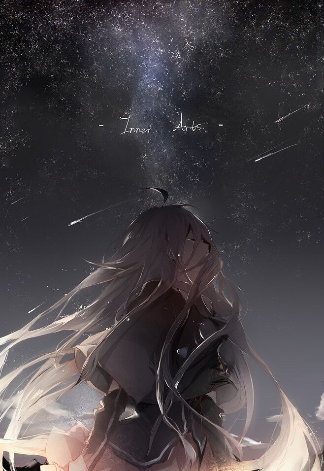 pixiv id 46306123 画师 yarily 星空 灰白 二次元 长发 哭泣