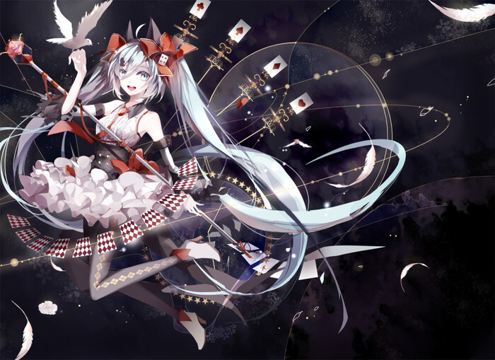 ミク】二次元 v家 初音ミク 白鸽 扑克牌 双马尾 暖色调 小清新 插画
