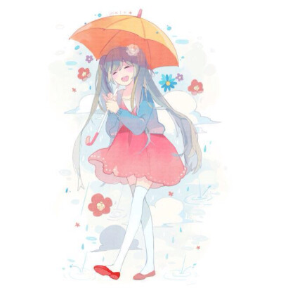 雨伞 动漫 二次元 p站 开心 初音未来 意境 花朵