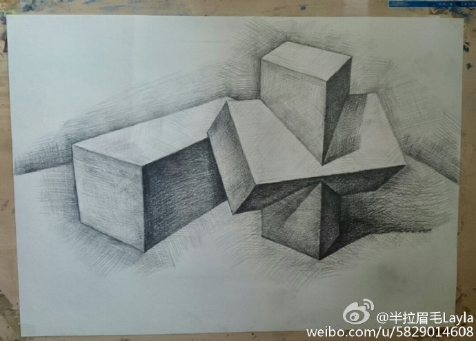 美术素描二级,素描几何体,长方体穿插体组合