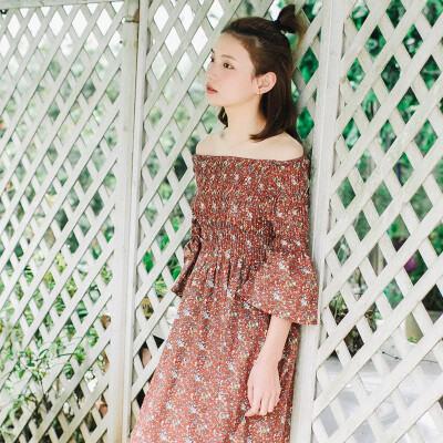 夏日系小清新可爱甜美韩国碎花棉松紧一字肩大摆连衣裙女