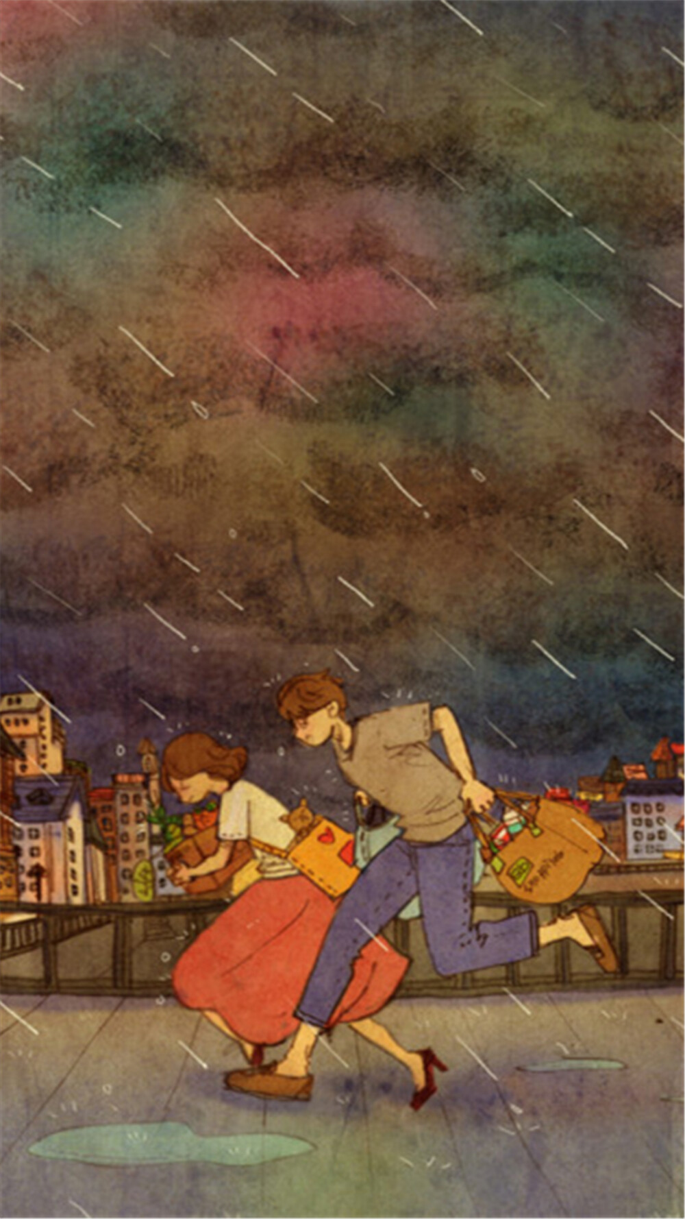韩国插画师puuung的暖心爱情故事插画 壁纸 (rain shower) heavy rain