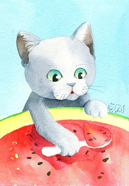 萌猫咪 水彩 插画 手绘by junenyanko