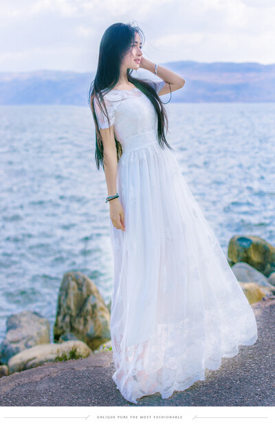 马尔代夫女神白色重工刺绣花朵修身仙女气质大摆礼服长裙连衣裙夏
