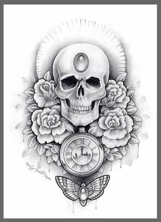 tattoo design 纹身手稿 设计图 骷髅 玫瑰 钟表 飞蛾