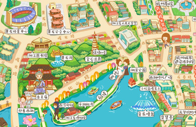 q版卡通杭州手绘旅游攻略地图|商业插画|插画|栗绛
