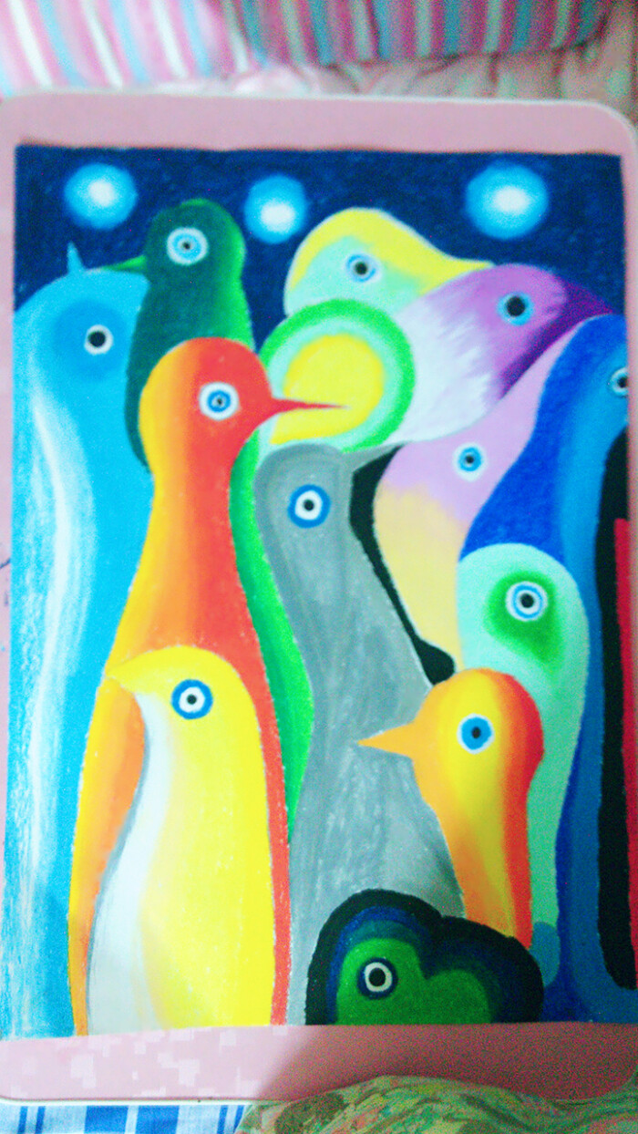企鹅 临摹的一幅纸浆画 彩色油画棒
