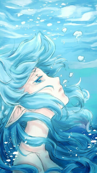 二次元 流泪 泪水 哭泣 悲伤 难过 妹子 蓝发 深海少女