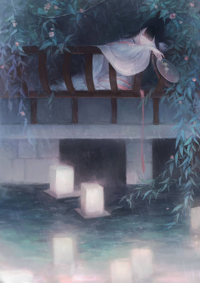 古装美人,古风美女,手绘,板绘,彩色,场景,剧照,建筑,自然,风景,植物