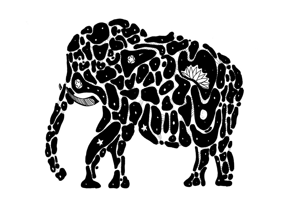 黑白插画装饰画动物大象森系壁纸插画