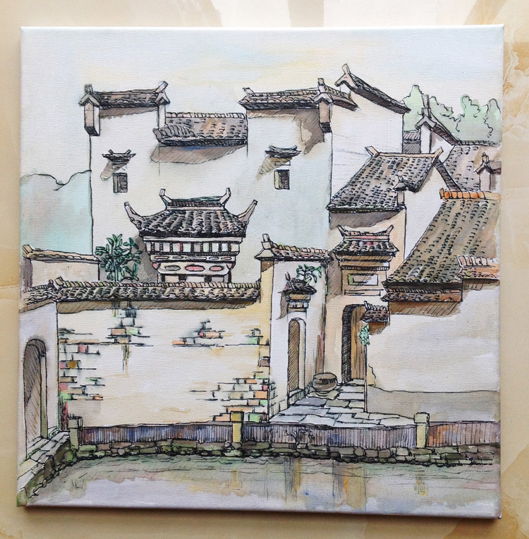 阳光宏村古镇 原创纯手绘丙烯画 钢笔画 创意中国风 有意查看更多画作
