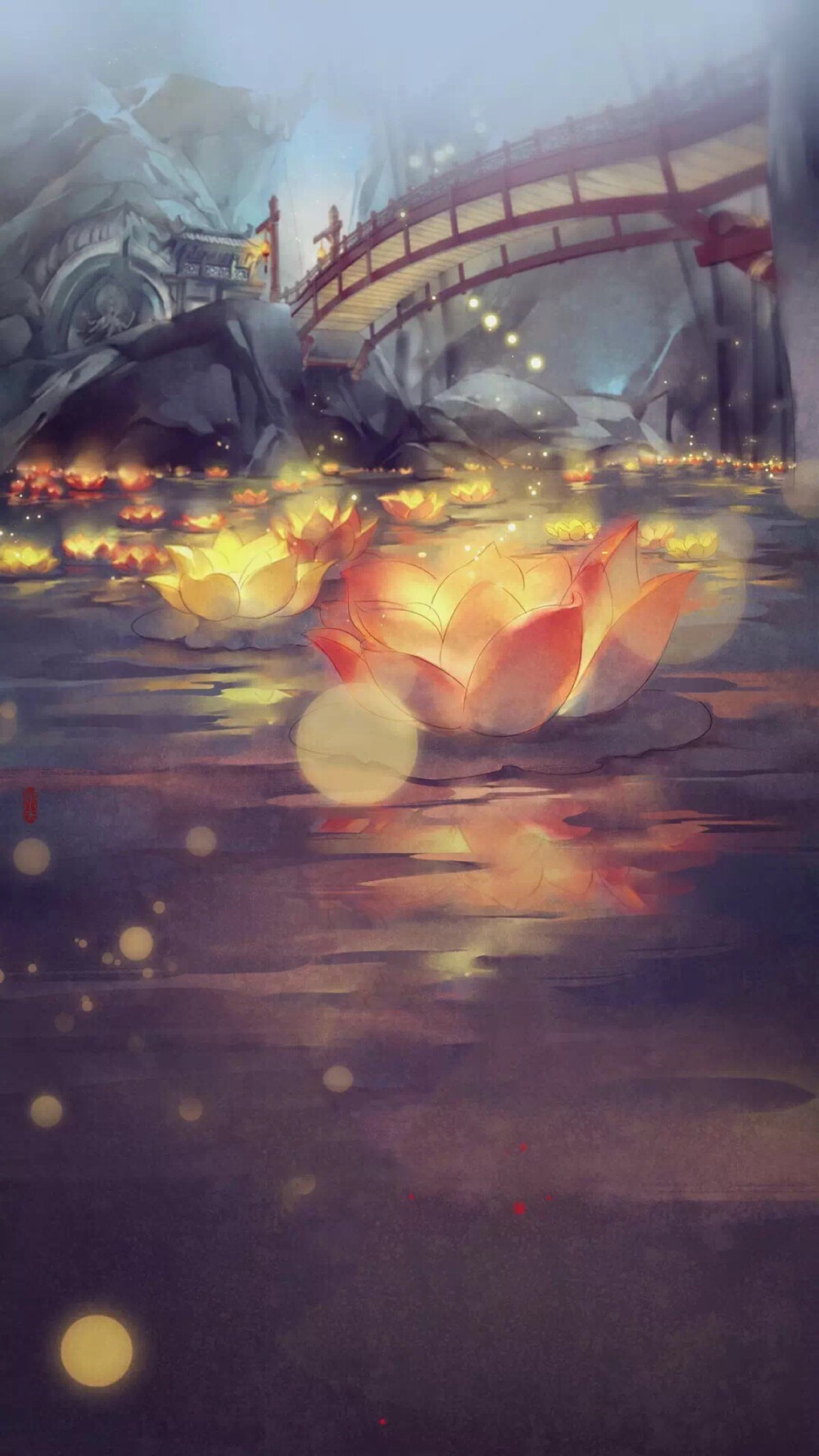 水彩 古风 莲灯 壁纸