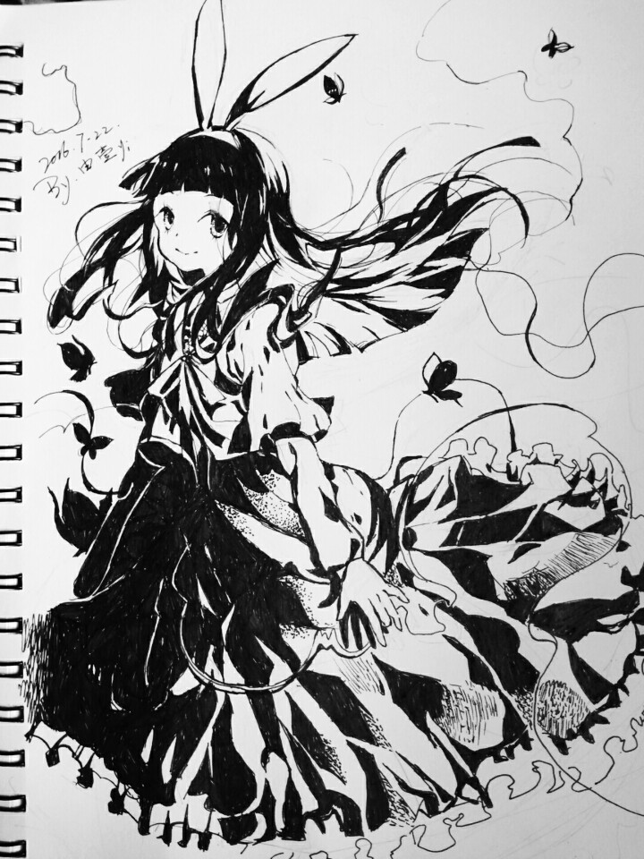 手绘 黑白 少女