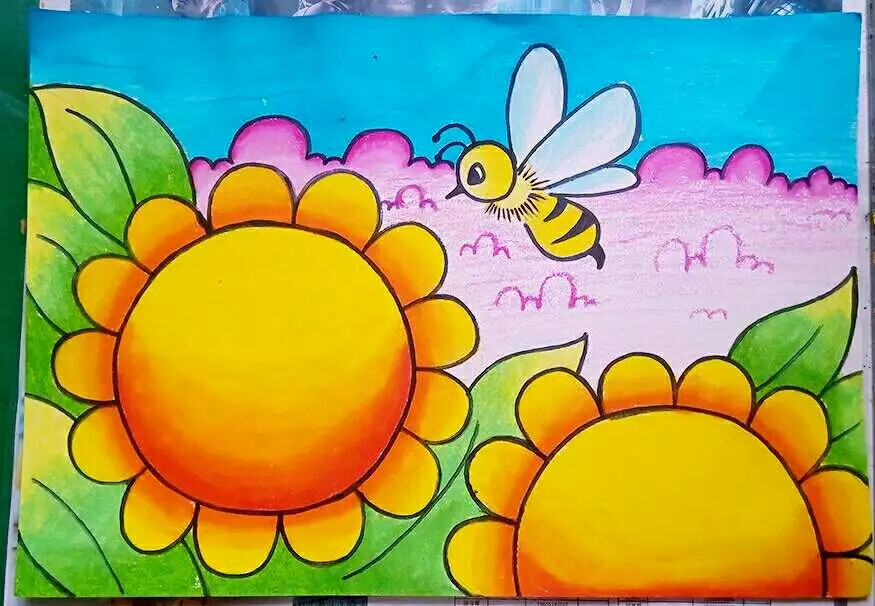 插画 绘画 儿童画 水粉 蜡笔 彩铅 马克笔 花朵 蜜蜂