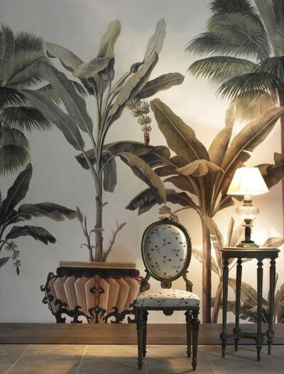 淘宝同款推荐:欧美复古热带植物芭蕉叶油画墙纸 价格:65元