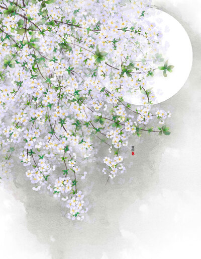 「月上雪」古风插画,水彩花卉,手绘雪柳(喷雪花)