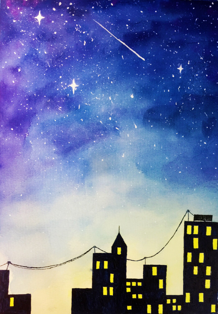 手绘 水彩 星空 夜景 城市
