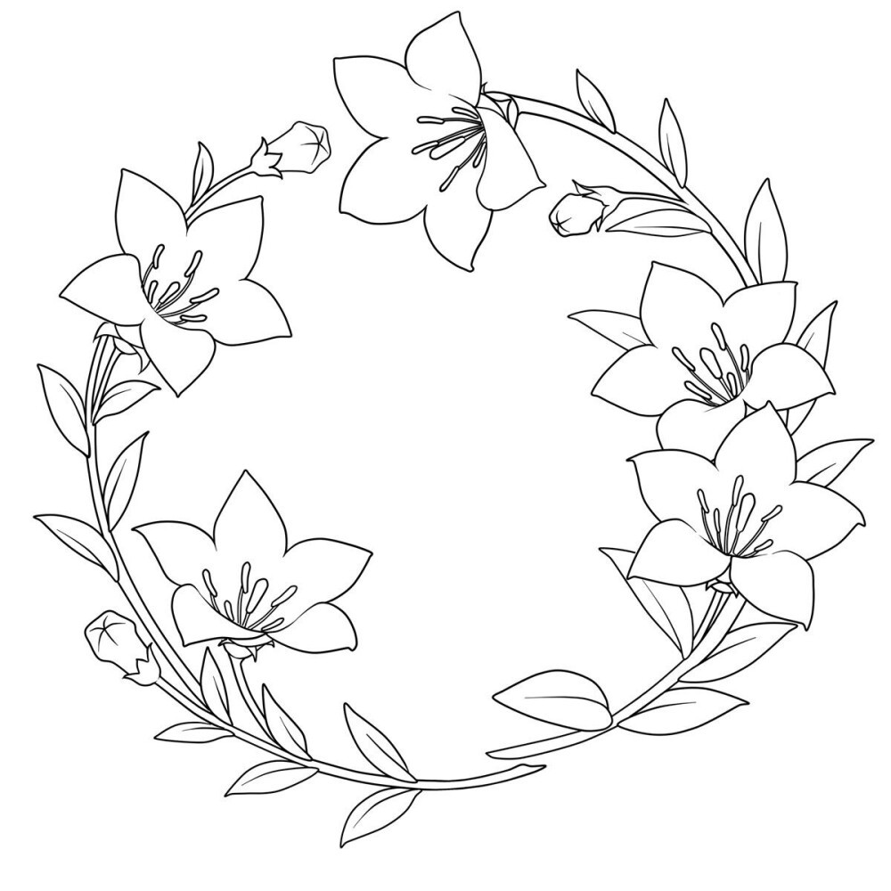 手绘藤蔓植物百合玫瑰花卉花环图案设计黑白手绘插画纹身图案线稿素材