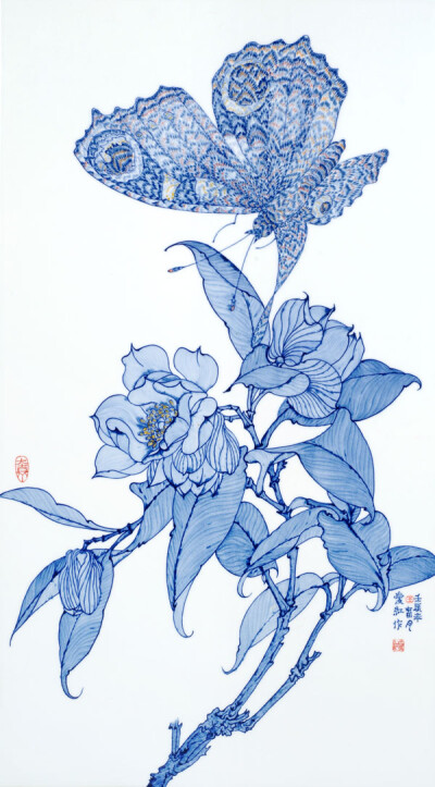 陶瓷艺术瓷板画《花姿蝶舞》.