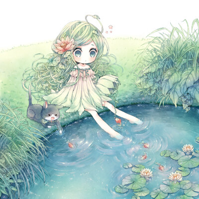 水生植物っこ】 by:にわ子 id=58473375 pixiv,插画,少女,猫,植物拟人