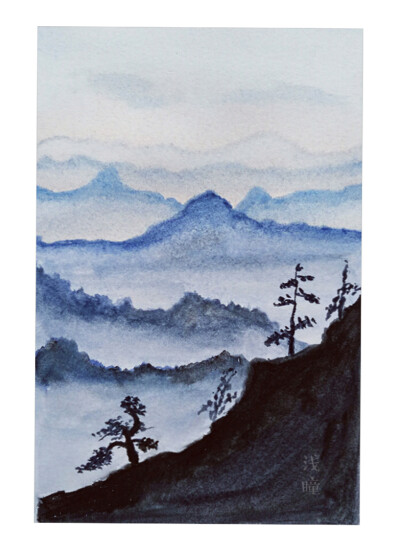 水彩画风景群山