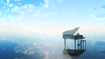 璀璨 圆月 钢琴 蓝天 水 水光 倒影 倒映 水天一色 唯美 壁纸 高清