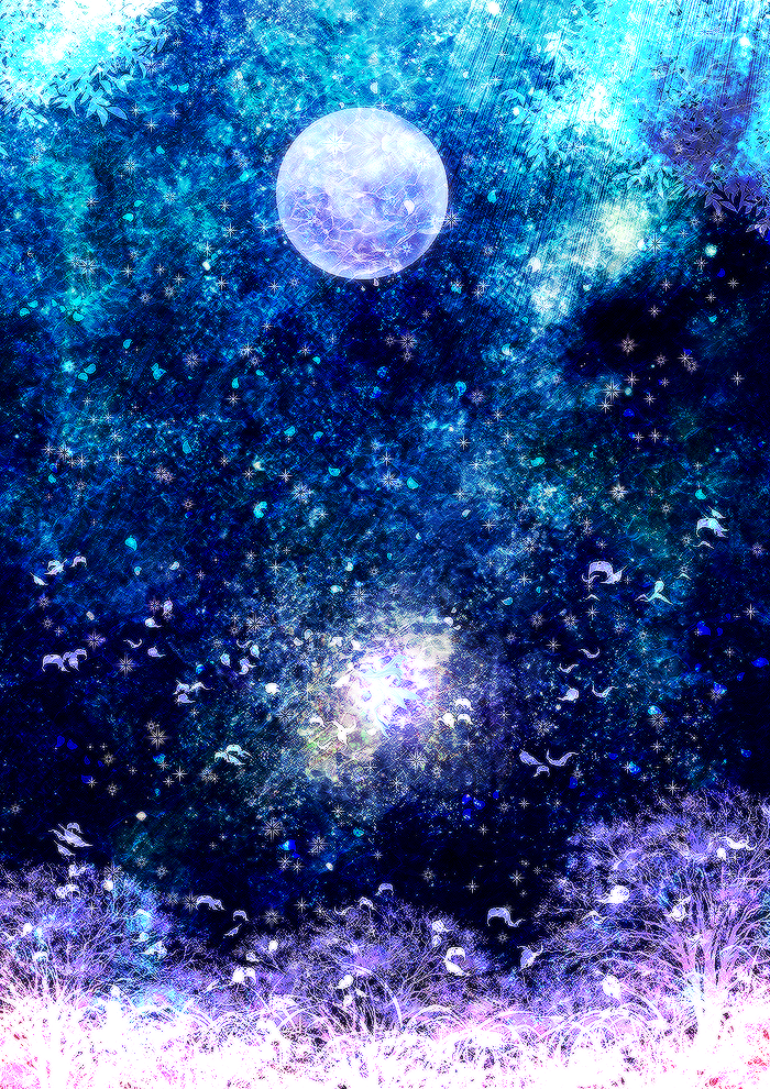 风景 p站 意境 美 蓝色系 冷色系 星空 璀璨 圆月 高清 樱花 花瓣