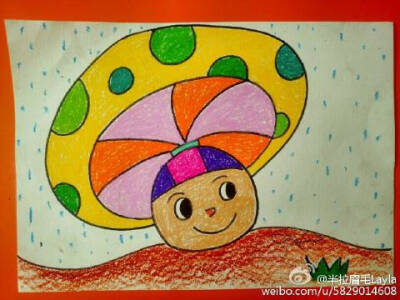 儿童画##儿童美术#蜡笔画-蘑菇伞