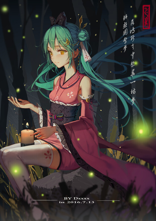 初音未来 和风 灯笼 萤火 意境 唯美 背景