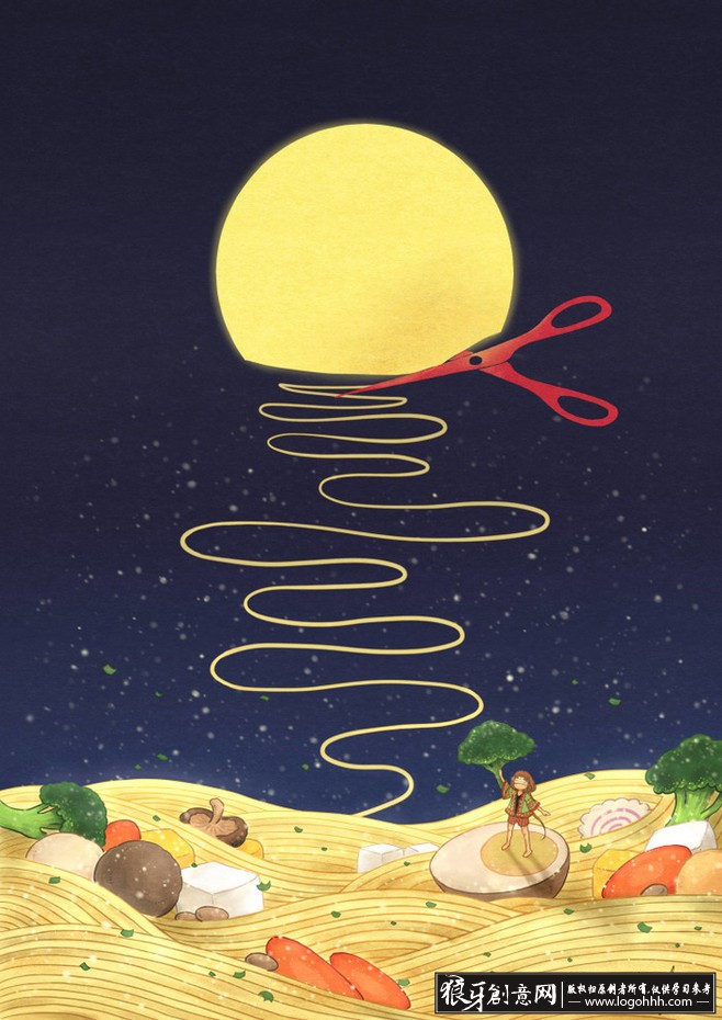 插画/手绘 美食海报插画 美食插画 创意餐饮插画设计 月亮 剪刀 鸡蛋